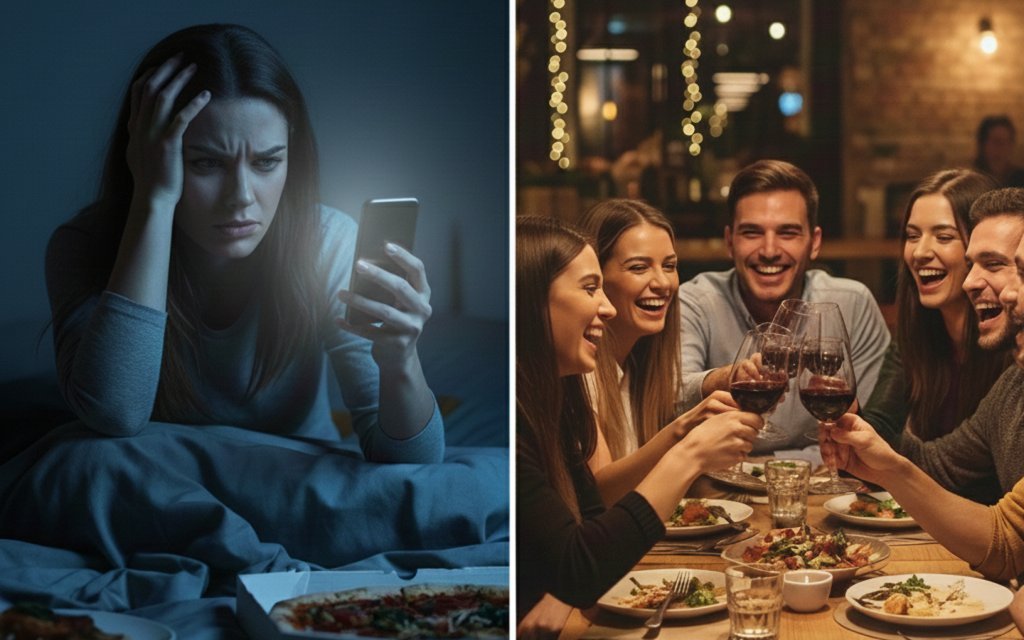 Links eine Person allein mit dem Handy im Bett, rechts eine Gruppe beim Essen im Restaurant